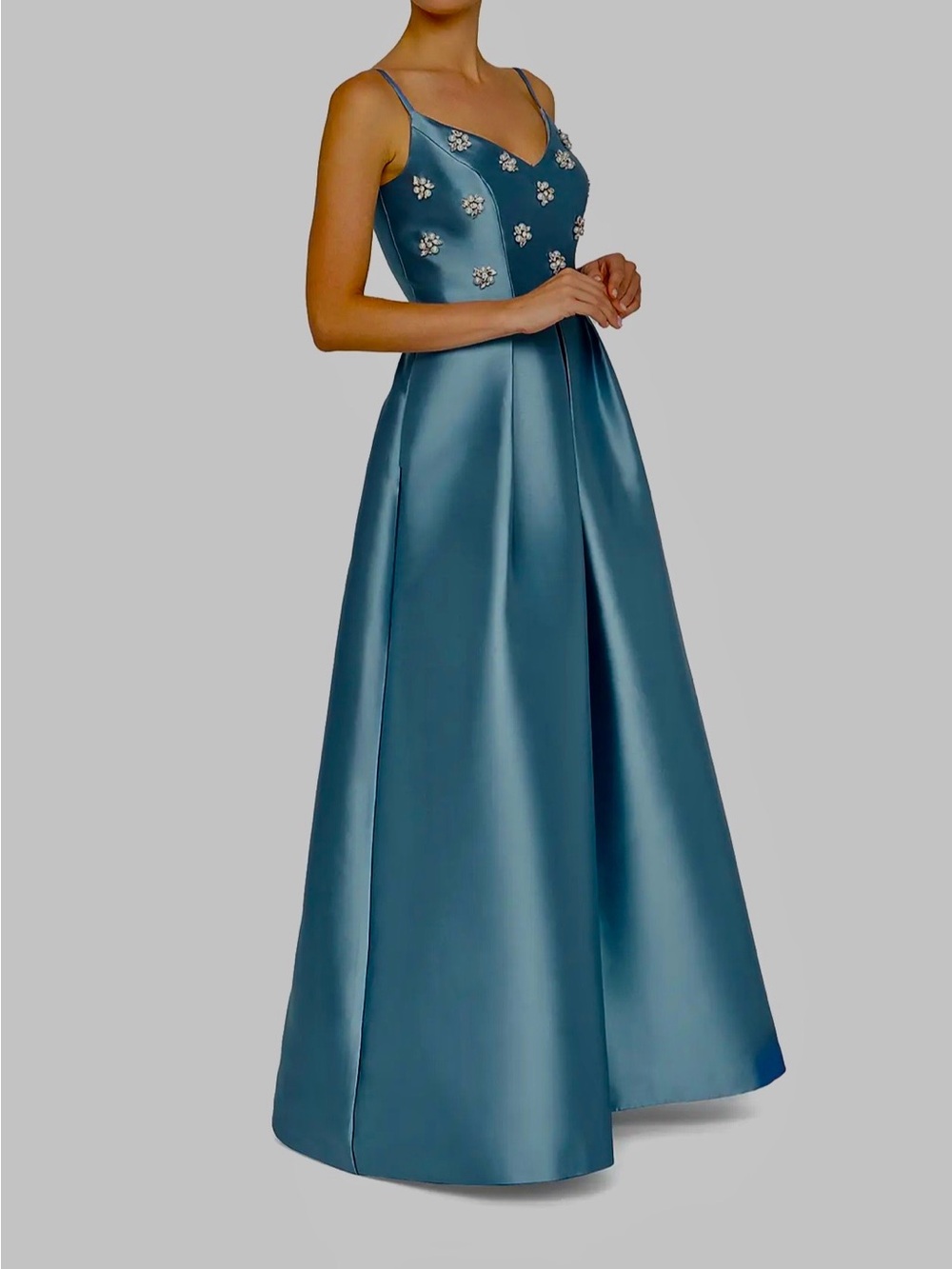 Kay Unger Steel Blue Beaded Satin Maxi Dress - Picture 3 of 5